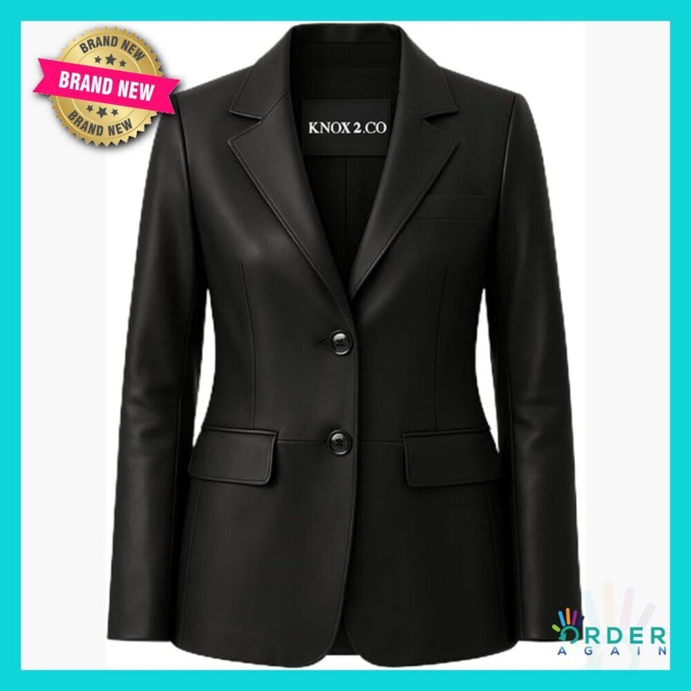 Lambskin Leather Blazer Classic Tailored Notched Lapel Button Front Elegant